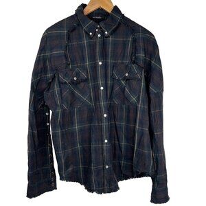 William Rast Shirt Size Large Pearl Snap Flannel Plaid Shirt Cotton Frayed Hem